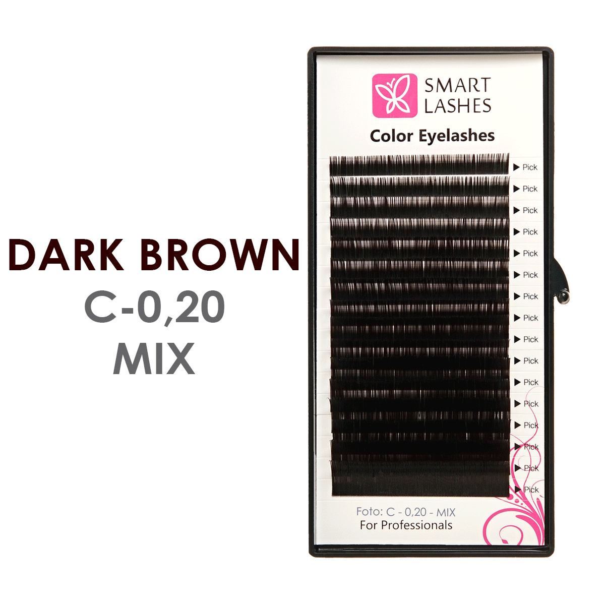 Ciemnobrązowe sztuczne rzęsy - C - 0,20 mm x 8-15 mm – w pudełku – 12 | Smart Lashes