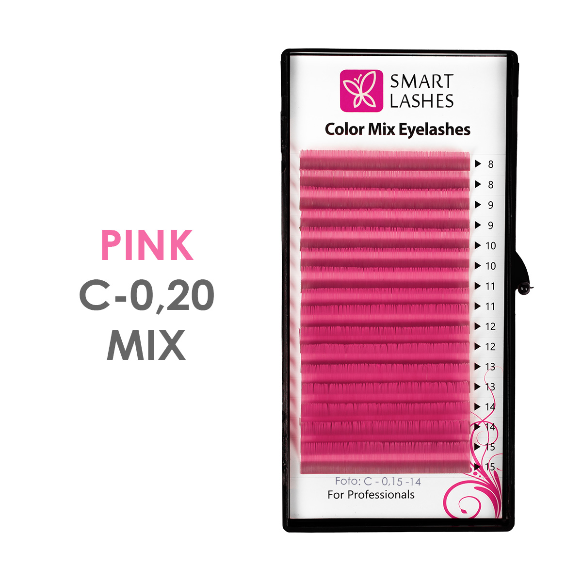 Różowe sztuczne rzęsy - C - 0,20 mm x 8-15 mm – w pudełku – 12 | Smart Lashes