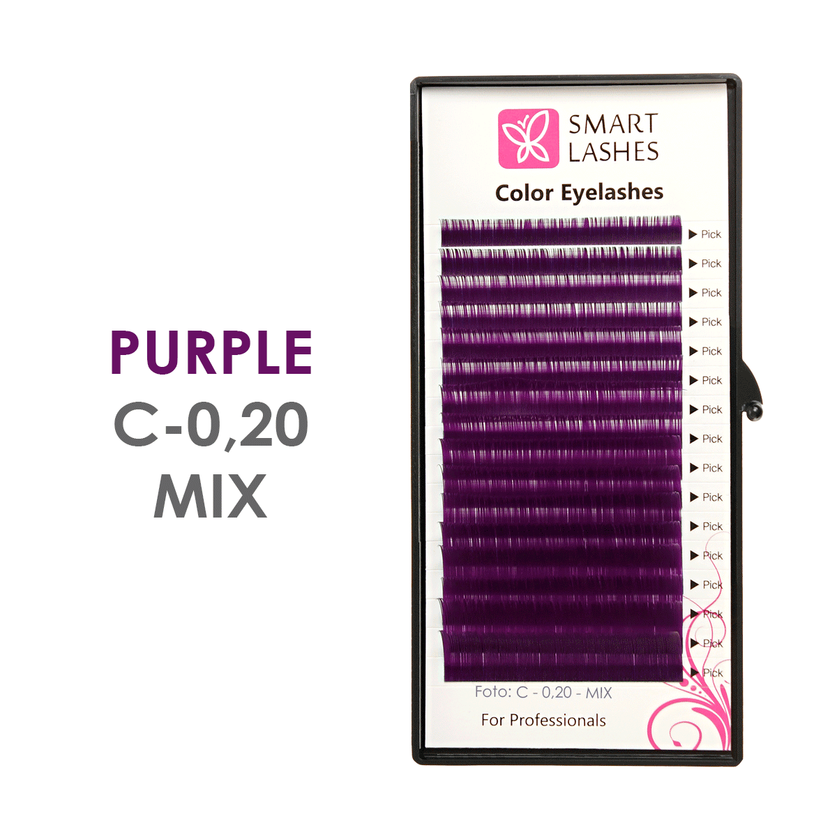 Fioletowe sztuczne rzęsy - C - 0,20 mm x 8-15 mm – w pudełku – 12 | Smart Lashes